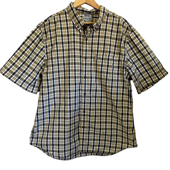 Carhartt Mens Short Sleeve Button Front Shirt Relaxed Fit XL Yellow Black Plaid‎ - Picture 1 of 4